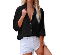 Camicia da Donna in Cotone Casual con Scollo a V Donna Lmitation Cotone e Lino Fiammato Manica Lunga Tasca Pulsante Tee Casual Camicetta Popolare Top (S 3XL) Camicia Basic Cappotto con (Black XXL)