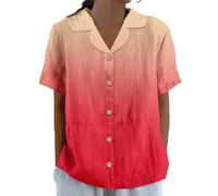 Camicia da donna in cotone e lino, a maniche corte con bottoni, scollo a V, top in tessuto di garza per un comfort leggero, 1d-rosa, L