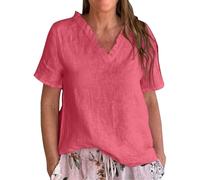 Camicia da donna in cotone e lino casual tinta unita con scollo a V increspato, maglietta da donna in cotone e lino tinta unita casual con scollo a V a righe, Rosa acceso, XXXXXL