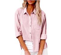 Camicia da donna in cotone e lino con bottoni 2023 Camicie casual a maniche lunghe in tinta unita Top da lavoro larghi con tasche, #B-rosa, XL