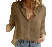 Camicia da donna in cotone e lino con bottoni 2024 Estate Casual Scollo a V Roll Manica Lunga Camicie a tinta unita Top da lavoro allentati, Marrone, S