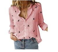 Camicia da donna in cotone e lino con bottoni 2024 Estate Casual Scollo a V Roll Manica Lunga Camicie a tinta unita Top da lavoro allentati, Colore del fiore rosa, XL