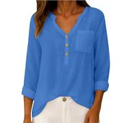 Camicia da donna in cotone e lino con scollo a V, maniche lunghe, arrotolabile, casual, mezza bottone, con tasca sul petto, vestibilità larga, per tutti i giorni, Blu, M