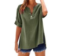 Camicia da donna in cotone e lino, elegante, tinta unita, a maniche corte, da donna, taglie forti, larghe, casual, con scollo a V, camicetta lunga, oversize, in lino, verde, 5XL