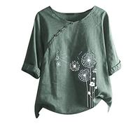 Camicia da donna in cotone e lino, grande dimensione, stampa floreale, girocollo, a maniche corte, alla moda, per il tempo libero, casual, a tunica, larga, traspirante, comoda, verde, 5XL