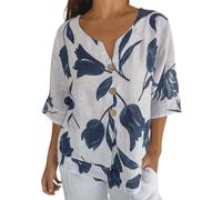 Camicia da Donna in Cotone Lino Classica Comodo Leggero Camicetta Elegante Traspirante Estive Camicie in Cotone Vintage Vacanza Ufficio Top Fantasia con Bottoni Maniche Tre Quarti Lavoro Maglietta