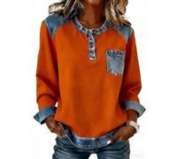 Camicia da donna in denim patchwork da donna casual con bottoni top a maniche lunghe girocollo felpa a nido d'ape maglione vintage in denim pullover top per le donne, Arancione, XL