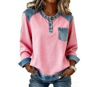Camicia da donna in denim patchwork da donna casual con bottoni top a maniche lunghe girocollo felpa a nido d'ape maglione vintage in denim pullover top per le donne, rosa, L