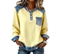 Camicia da donna in denim patchwork da donna casual con bottoni top a maniche lunghe girocollo felpa a nido d'ape maglione vintage in denim pullover top per le donne, Giallo, XXL