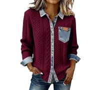 Camicia Da Donna In Denim Retrò Lavorata A Maglia, Autunno E Inverno, Colletto Patchwork, Maniche Lunghe, Colletto Con Bottoni, Top Casual Accogliente Colletto Grosso Patchwork Denim Camicia Pullover