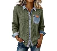 Camicia Da Donna In Denim Retrò Lavorata A Maglia, Autunno E Inverno, Colletto Patchwork, Maniche Lunghe, Colletto Con Bottoni, Top Casual Accogliente Colletto Grosso Patchwork Denim Camicia Pullover