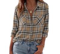 Camicia da donna in flanella scozzese a maniche lunghe con bottoni casual | Camicia in flanella a quadri, con bottoni, maniche lunghe, tasche sul petto, vestibilità comoda, strato leggero