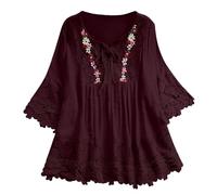 Camicia da donna in garza con maniche a 3/4, stile bohémien, con grafica floreale, ricamata, estiva, indiana, con volant, per donne anziane, in lino con lacci primaverili, Rosso, L