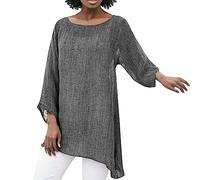 Camicia da donna in lino, a maniche lunghe a 3/4, in cotone, a maniche lunghe, large, asimmetrica, a maniche lunghe, vintage, casual, estiva, in lino, leggera, a tunica, grigio., S