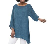 Camicia da donna in lino, a maniche lunghe a 3/4, in cotone, a maniche lunghe, large, asimmetrica, a maniche lunghe, vintage, casual, estiva, in lino, leggera, a tunica, Blu, L