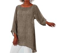 Camicia da donna in lino, a maniche lunghe a 3/4, in cotone, a maniche lunghe, large, asimmetrica, a maniche lunghe, vintage, casual, estiva, in lino, leggera, a tunica, cachi, L