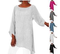 Camicia da donna in lino, a maniche lunghe a 3/4, in cotone, a maniche lunghe, large, asimmetrica, a maniche lunghe, vintage, casual, estiva, in lino, leggera, a tunica, bianco, L