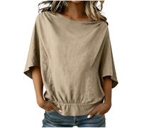 Camicia da donna in lino, casual, girocollo, mussola, con pieghe alle spalle, maniche a pipistrello, maglietta estiva a mezza manica, comoda camicia per il tempo libero
