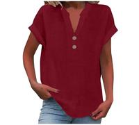 Camicia da donna in lino con bottoni, a maniche corte, con scollo a V, tinta unita, comoda, estiva, casual, elegante, tunica top, 1c-vino, S