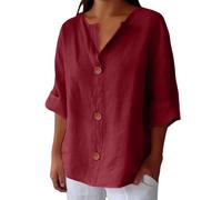 Camicia da donna in lino con bottoni, scollo a V, maniche a 3/4, casual, vestibilità ampia, tunica, maglietta estiva, 1a-vino, XL