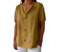 Camicia da donna in lino con bottoni, scollo a V, maniche a 3/4, casual, vestibilità ampia, tunica, maglietta estiva, 1b-giallo, M