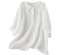 Camicia da donna in lino con maniche a 3/4, tessuto di cotone e lino, dettaglio con bottoni increspati, stile estivo 2026, colletto largo, top bohémien casual, 1c-bianco, L
