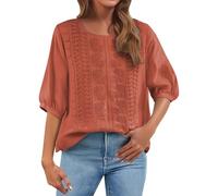 Camicia da donna in lino con ricamo retrò, maniche a 3/4, stile contadino, stile contadino, estiva, casual, vestibilità larga, tunica top, 1a-arancione, L