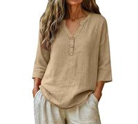 Camicia da donna in lino, da spiaggia, bianca, scollo a V, oversize, a maniche lunghe, con colletto a tacco, camicia Henley in lino, per il tempo libero, camicia leggera e ariosa, cachi, XXL