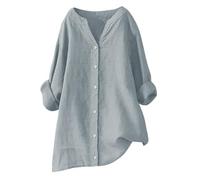 Camicia da donna in lino verde, maglietta da donna, taglia grande, verde, camicetta, tinta unita, a maniche lunghe, con scollo a V, camicette in cotone e lino con bottoni, camicie traspiranti leggere