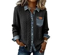 Camicia da donna in maglia con inserti in denim, colletto patchwork, maglione denim per autunno e inverno, grigio scuro., M