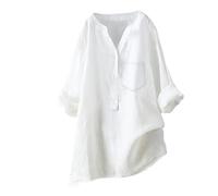 Camicia da donna in mussola, oversize, taglie forti, con tasche, larga, in lino, con scollo a V, a maniche lunghe, estiva, bianco, L