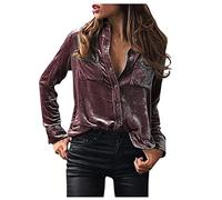 Camicia da donna in pile alla moda a maniche lunghe tinta unita elegante camicia casual con tasca top per allenamento indoor outdoor maglietta termica regali di Natale, Viola scuro, L