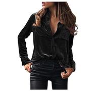 Camicia da donna in pile alla moda a maniche lunghe tinta unita elegante camicia casual con tasca top per allenamento indoor outdoor maglietta termica regali di Natale, Nero , M