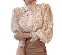 Camicia da donna in pizzo a maniche lunghe, camicetta da ufficio con colletto rialzato, tinta unita, vestibilità larga, per feste quotidiane e festività, bianco, nero, albicocca, dalla S alla 3XL (L