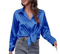 Camicia da donna in raso con scollo a V, a maniche lunghe, tinta unita, per lavoro, con bottoni, per il tempo libero, alla moda, comoda a maniche lunghe, O blu., L