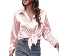 Camicia da donna in raso con scollo a V, a maniche lunghe, tinta unita, per lavoro, con bottoni, per il tempo libero, alla moda, comoda a maniche lunghe, O rosa., XXL