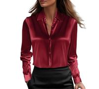 Camicia da donna in raso elegante con collo ad anello a maniche lunghe Slik Like camicie per le signore Business Casual ufficio lavoro A10, Z08-vino, M