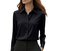 Camicia da donna in raso elegante con collo ad anello a maniche lunghe Slik Like camicie per le signore Business Casual ufficio lavoro A10, Z09-nero, M