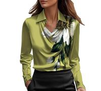 Camicia da donna in raso, elegante, con scollo a cappuccio, maniche lunghe, simile al raso, da donna, per ufficio, business, casual, top A01, Verde, 3XL