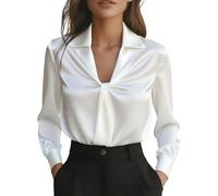 Camicia da donna in raso, elegante, con scollo a V, in raso, a maniche lunghe, casual, da lavoro, per il tempo libero, bianco, S