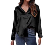 Camicia da donna in raso imitazione seta camicia a maniche lunghe europea e americana frontiera del commercio estero, abbigliamento femminile, Nero , XL