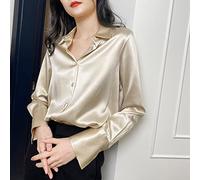 Camicia Da Donna In Seta - Camicia Casual Da Donna Champagne Moda Camicia Da Ufficio Top In Raso Sciolto Monopetto Vintage Risvolto Elegante Cardigan Da Festa D'Affari All'Aperto,Champagne,Xs