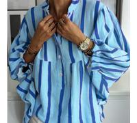 Camicia da donna in stile casual da vacanza per la primavera e l'estate di estetica vintage, vintage, minimalista, semplice, stile americano lungo, con righe, color block, volant ai polsi, scollo a V,