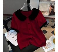 Camicia da donna in stile minimalista casual e da pendolare, con colletto Peter Pan e blocchi di colore, adatta per primavera/estate L,M,S,XLBlocchi di coloreTessuto