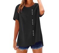 Camicia da donna in stile retrò, con scollo rotondo, in cotone e lino, per il tempo libero, casual, da donna, a maniche lunghe, chiffon, Nero , L