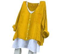 Camicia da donna in tinta unita allentata taglie forti in cotone con texture lunga camicia con bottoni per le donne a maniche corte, Giallo, XXXL