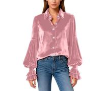 Camicia da donna in velluto dorato, elegante, vintage, a maniche lunghe, con bottoni, casual, tinta unita, per il tempo libero, morbida, a maniche lunghe, comoda, Colore: rosa., M