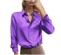 Camicia da donna Lovraj elegante a maniche lunghe in raso, con revers leggeri, da business, con bottoni, a maniche lunghe, sciolta, tinta unita, in seta, per il tempo libero, lavoro, ufficio, Blu, 3XL