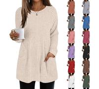 Camicia da donna lunga e grande, camicia anti UV da donna, manica lunga, camicetta a maglia, maglione a costine a maglia, camicette, scollo rotondo alto, con tasca top casual camicetta leggera
