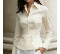 Camicia da donna nuova e best-seller per primavera e autunno, camicia casual da ufficio per pendolarismo quotidiano, camicia a maniche lunghe con design plissettato alla vita per un effetto snellente 